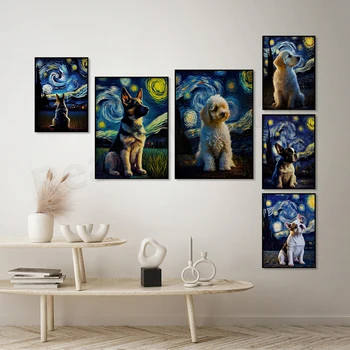 Vincento van Gogho žvaigždėtą naktį, auksaspalvis retriveris, vokiečių aviganis, pudelis, prancūzų buldogas, juokingi van gogh šuo portretas plakatas