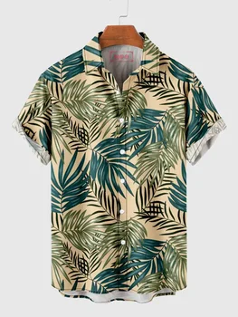 Vyriški Havajų augalų spausdinti marškinėliai vyriški atostogų senovinių lapų spausdinimo marškinėliai Mados vasaros mygtuką marškinėliai Paplūdimys atsitiktinis atvartas marškinėliai